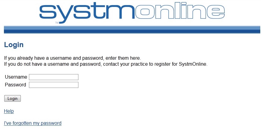 Screenshot shows the front page of Systm Online where you can log-in